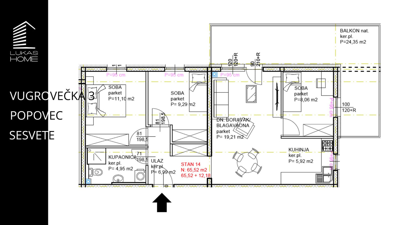 STAN 14 | 1. Kat | 77,70 m² | Tri spavaće sobe