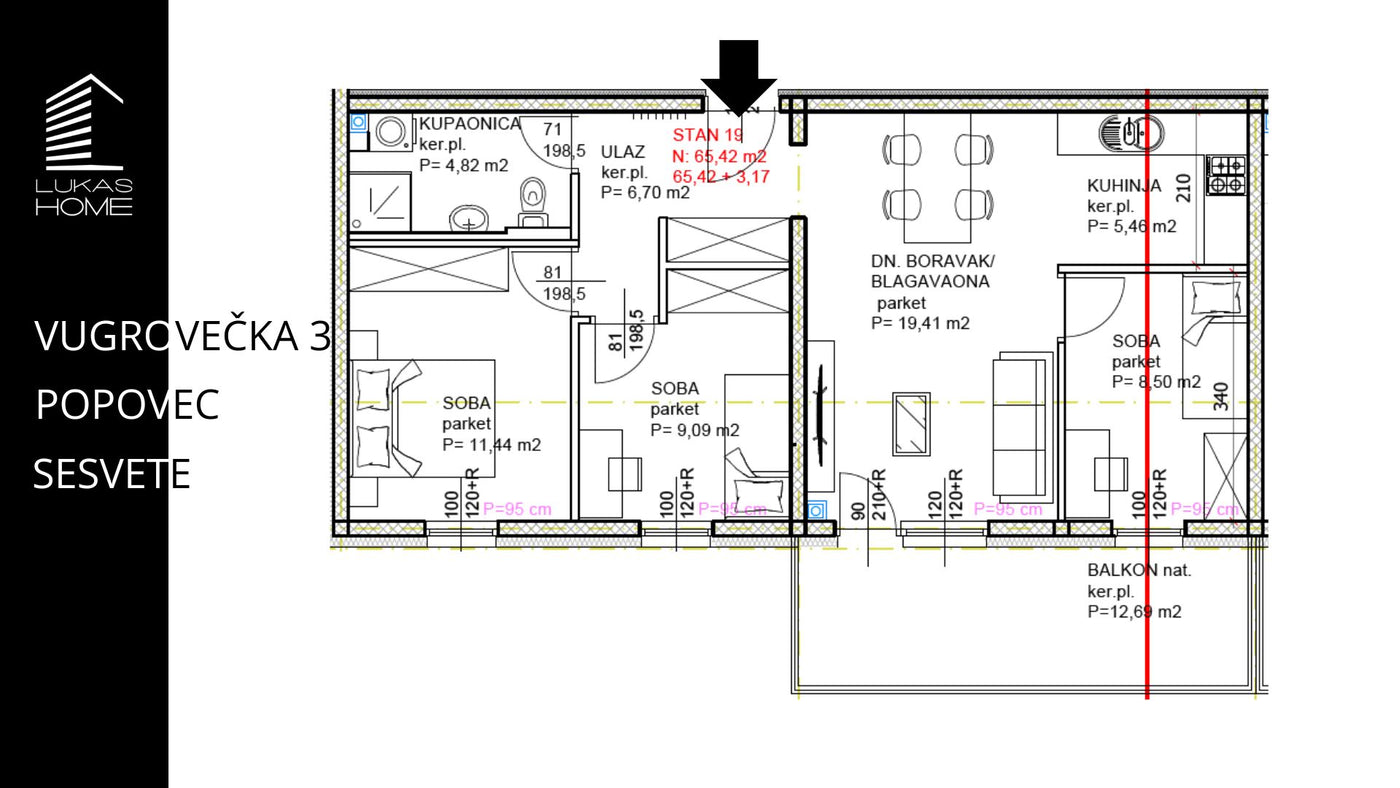 STAN 19 | 2. kat | 68,59 m² | Tri spavaće sobe
