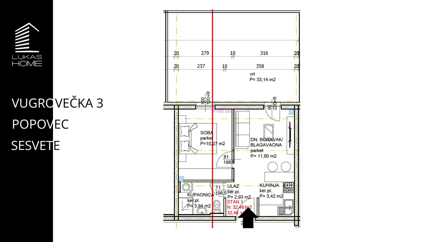 STAN 1  | Prizemlja | 35.78 m2 | Jedna spavaća soba | Vrt