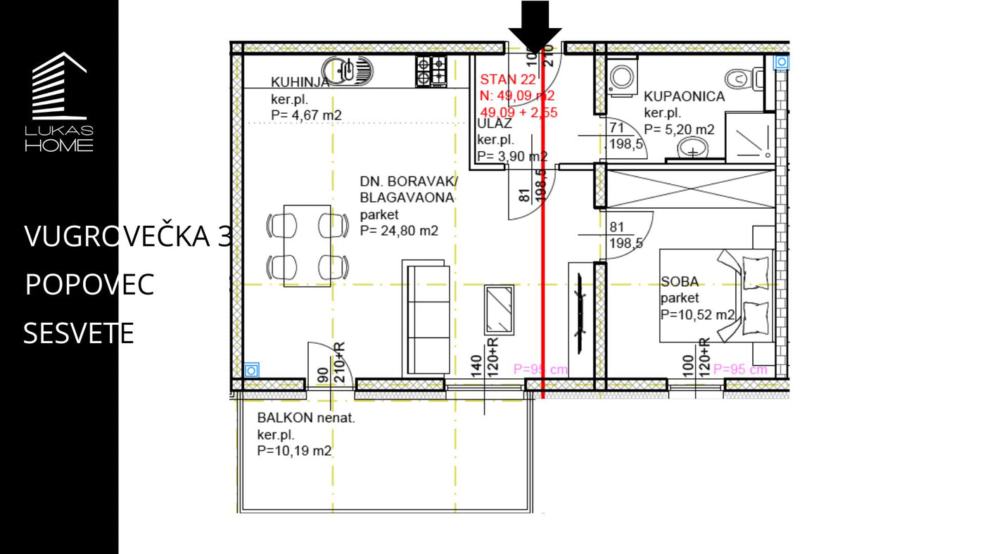 STAN 22 | 2. kat | 54,64 m² | Jedna spavaća soba