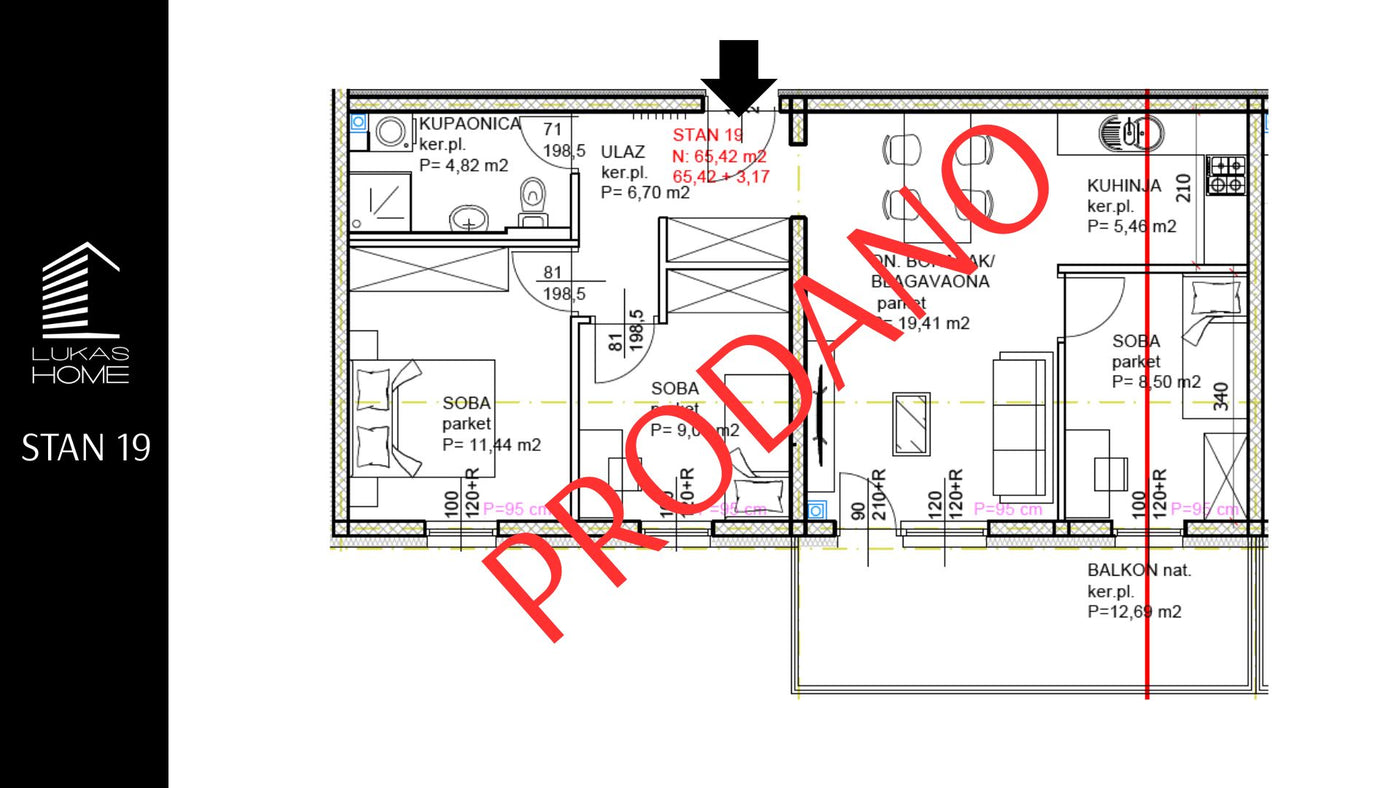 STAN 19 | 2. kat | 68,59 m² | Tri spavaće sobe