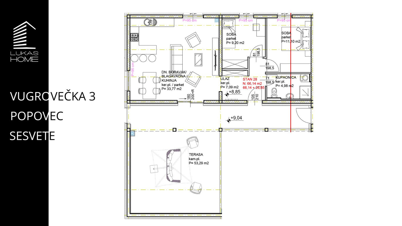 STAN 28  | Uvučeni kat | 92,79 m² | Dvije spavaće sobe | Terasa