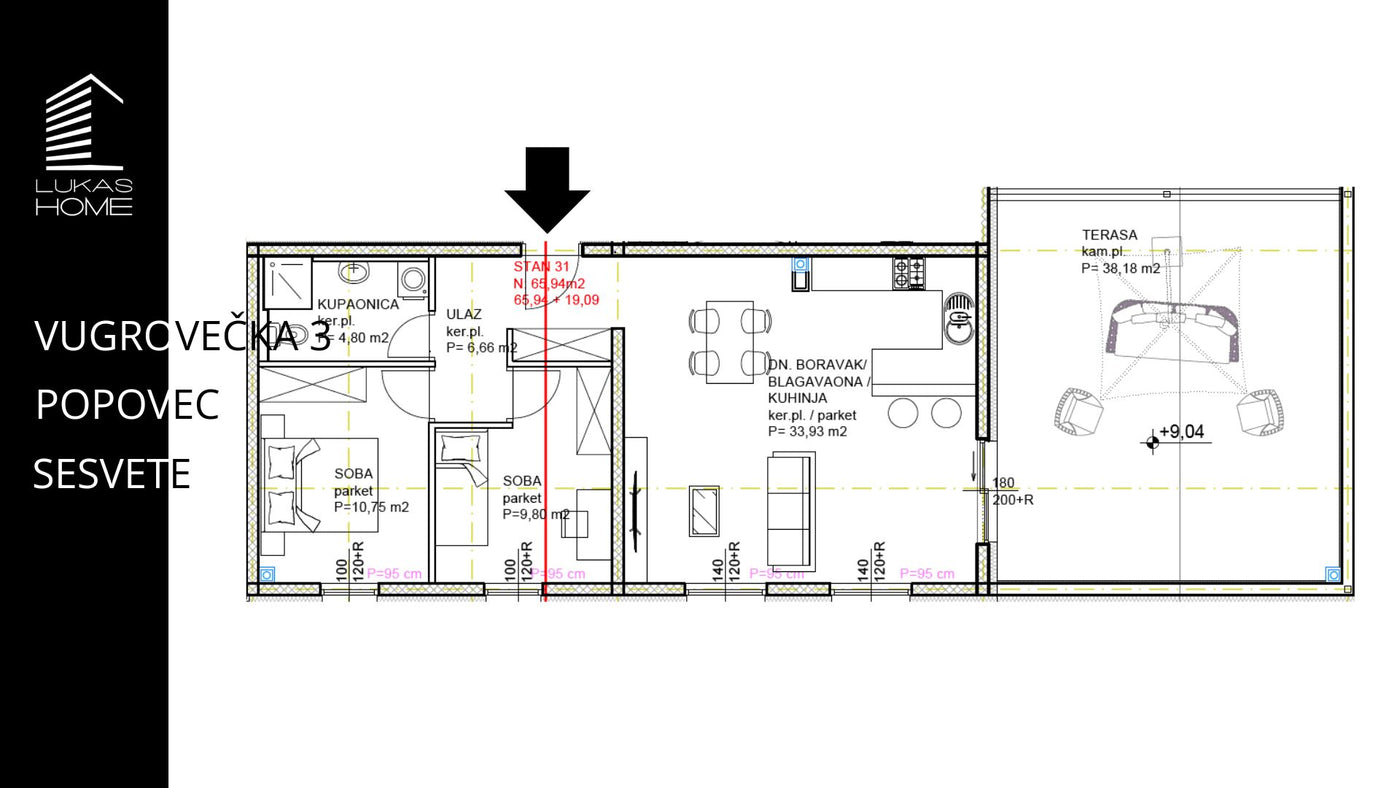 STAN 31 | Uvučeni kat | 85,03 m²| Dvije spavaće sobe | Terasa