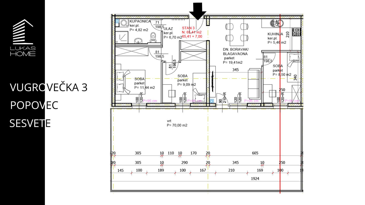 STAN 3 | Prizemlja | 72,42 m² | Tri spavaće sobe | Vrt