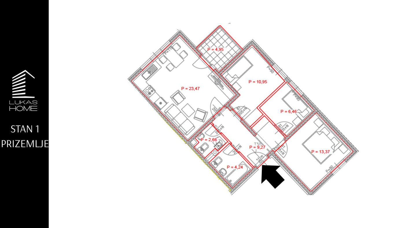STAN 1 | Prizemlje | 75,37 m² | Tri sobe