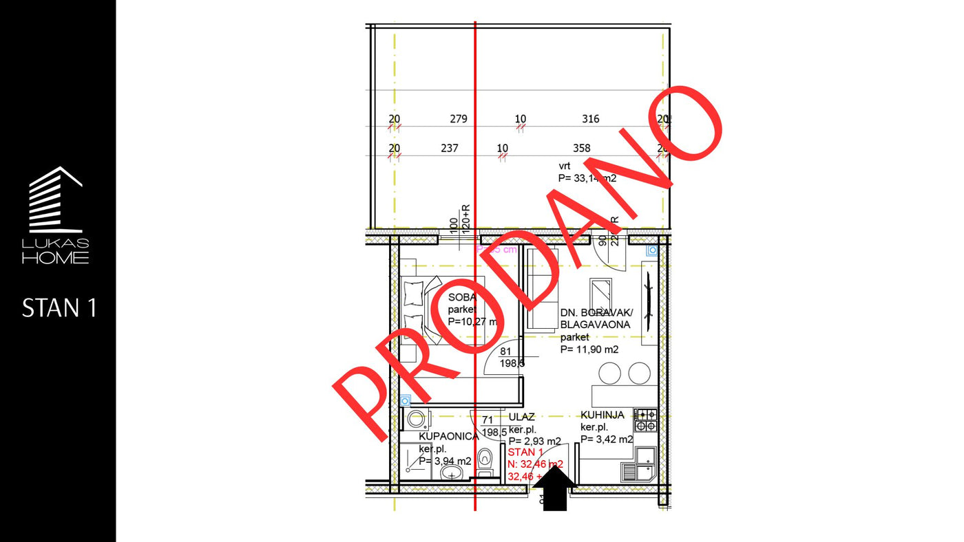 STAN 1  | Prizemlja | 35.78 m2 | Jedna spavaća soba | Vrt