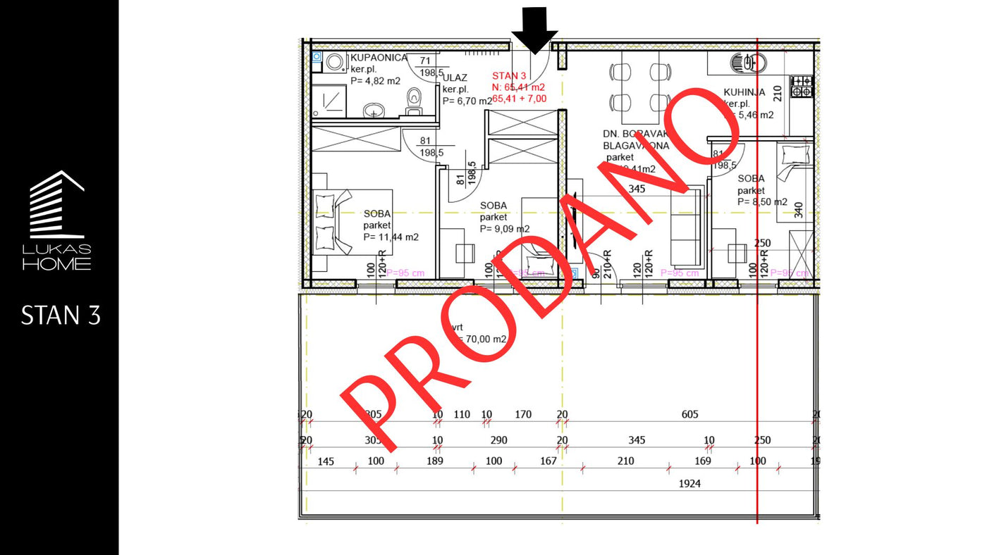 STAN 3 | Prizemlja | 72,42 m² | Tri spavaće sobe | Vrt