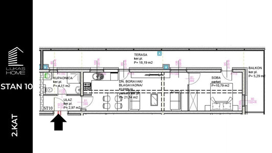 Alt text: Luksuzna 3D vizualizacija i render za STAN ID10 – Lukas Home novogradnja Popovec (Vugrovečka 5). Prikaz modernog dvosobnog stana na 2. katu, ukupne površine 46,04 m² s jednom spavaćom sobom, kupaonicom, balkonom i prostranom terasom.