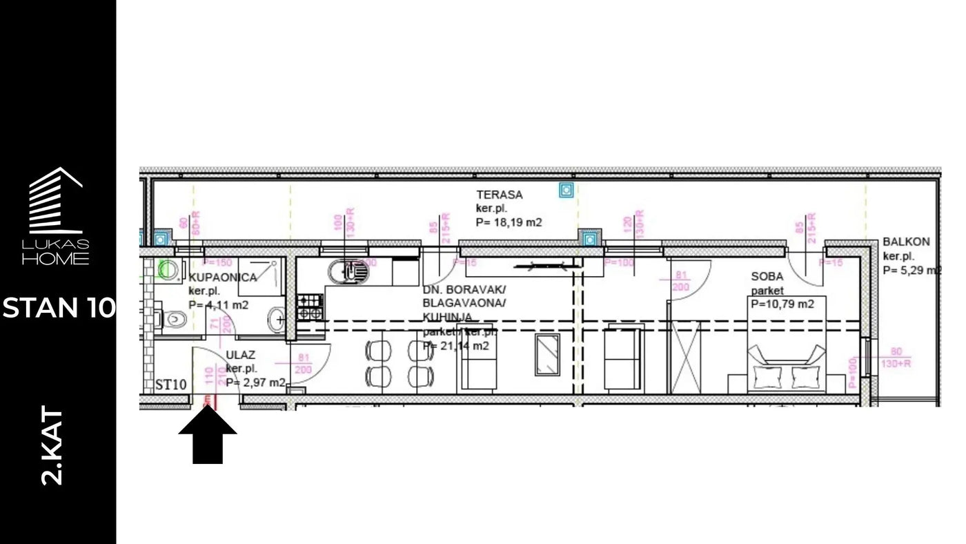 STAN ID10 | 2. kat | 46,04 m² | Jedna spavaća soba | Balkon i Terasa