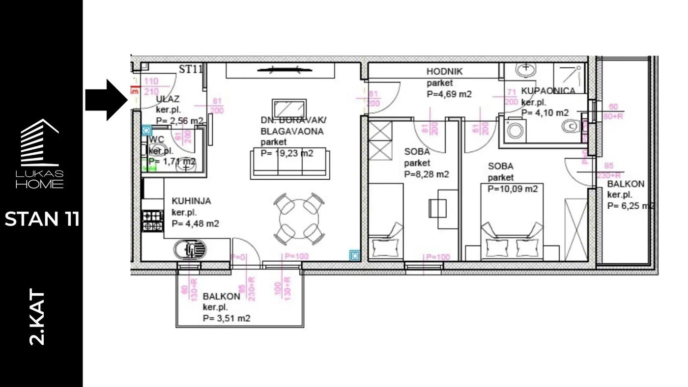 STAN ID11 | 3. kat | 60,38 m² | Dvije spavaće sobe | Dva Balkona