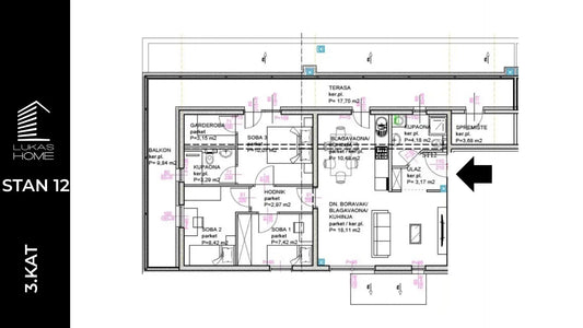 Lukas Home novogradnja Popovec (Vugrovečka 5). Prikaz modernog četverosobnog stana na 3. katu, ukupne površine 81,27 m² s tri spavaće sobe, garderobom, kupaonicama, balkonom i prostranom terasom.