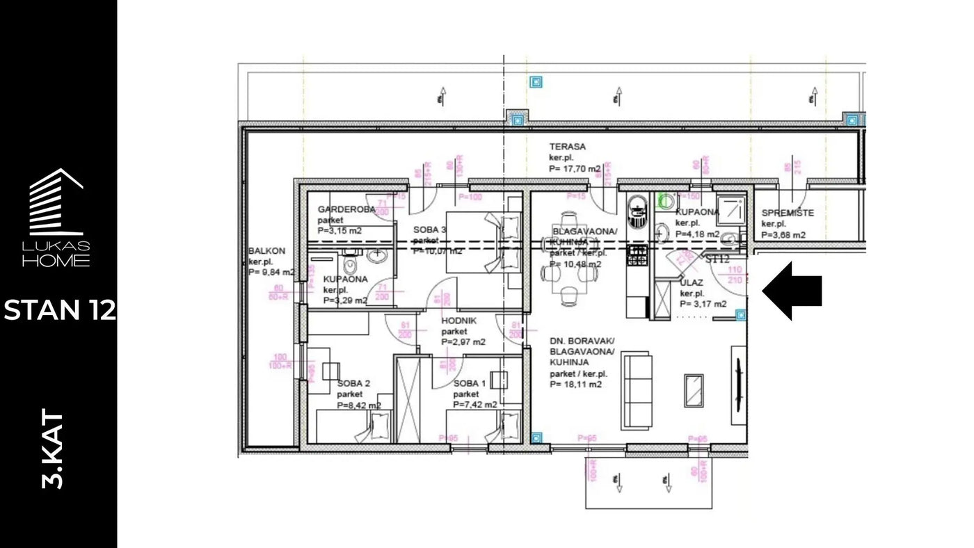 STAN ID12 | 3. kat | 81,27 m² | Tri spavaće sobe | Balkon i Terasa
