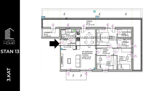 Lukas Home novogradnja Popovec (Vugrovečka 5). Prikaz modernog četverosobnog stana na 3. katu, ukupne površine 81,27 m² s tri spavaće sobe, garderobom, balkonom i prostranom terasom.