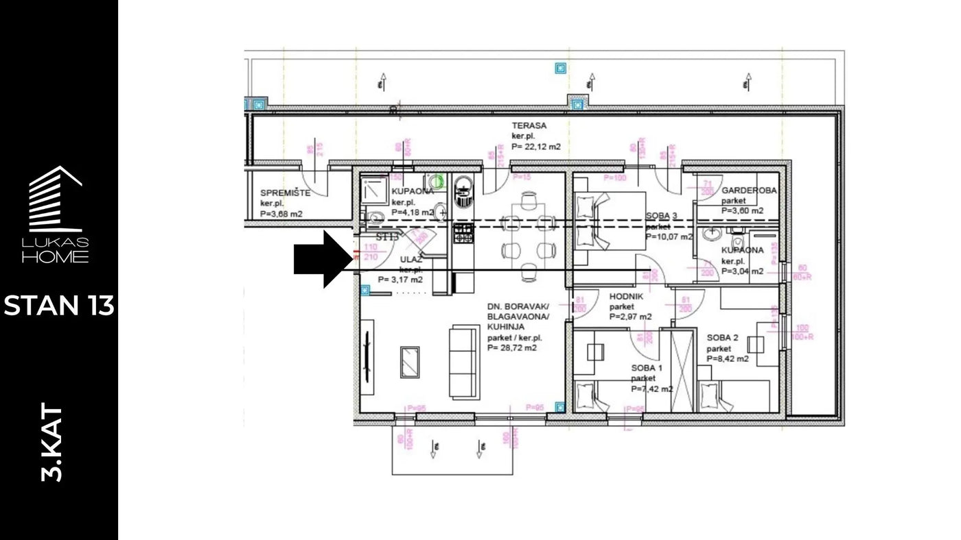 STAN ID13 | 3. kat | 81,27 m² | Tri spavaće sobe | Balkon i Terasa