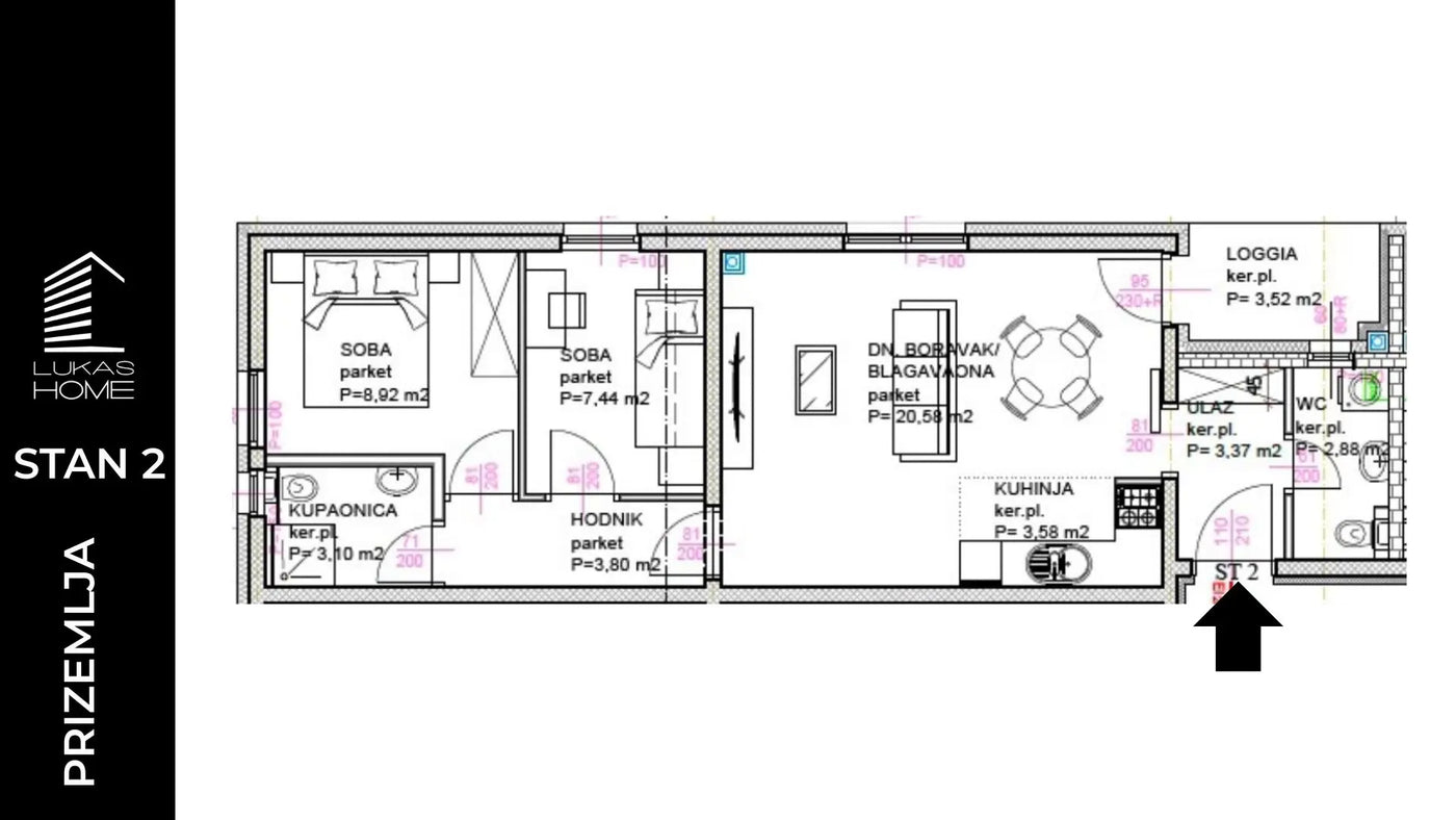 STAN ID2 | Prizemlje | 64,34 m² | Dvije spavaće sobe | Lođa i Vrt