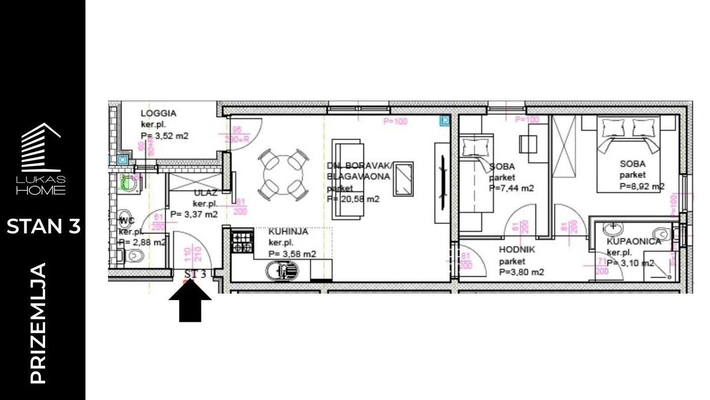 STAN ID3 | Prizemlje | 68,84 m² | Dvije spavaće sobe | Lođa i Vrt