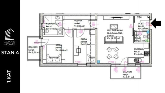 Luksuzna 3D vizualizacija i render za STAN ID4 – Lukas Home novogradnja Popovec (Vugrovečka 5). Prikaz modernog trosobnog stana na 1. katu, ukupne prodajne površine 60,40 m² s dvije spavaće sobe, kupaonicom, WC-om, lođom i balkonom.