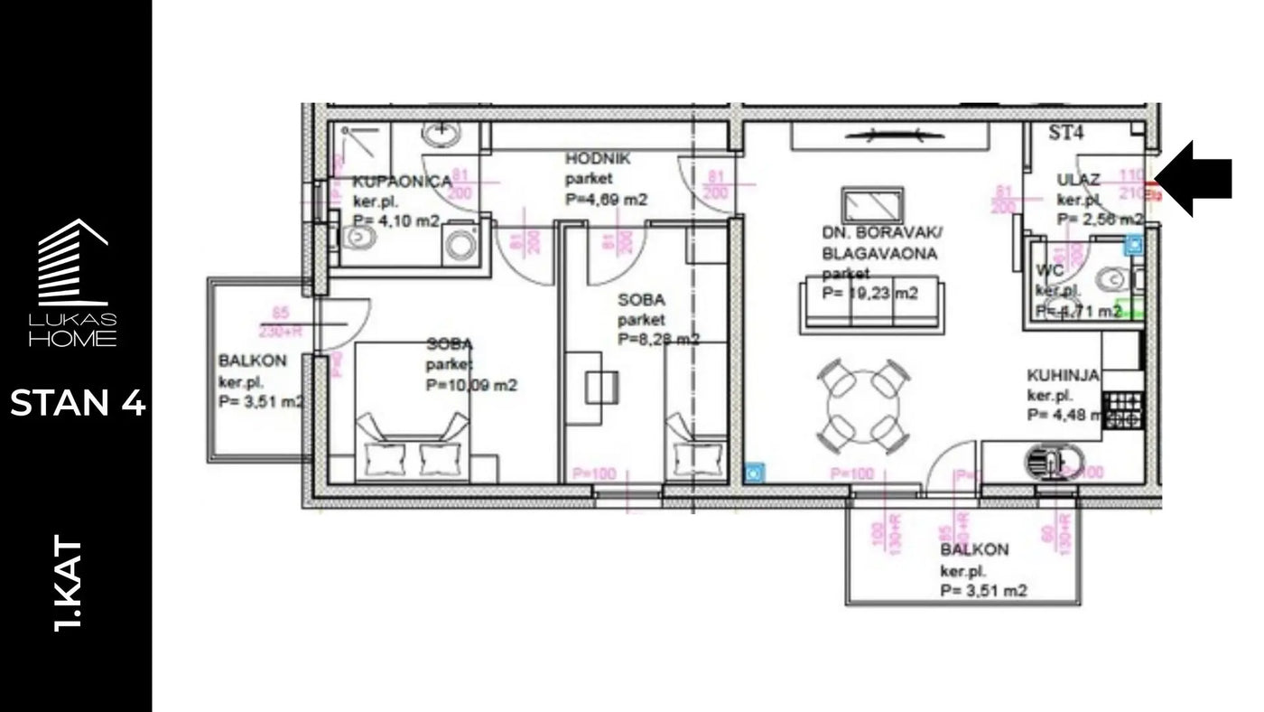 STAN ID4 | 1. kat | 60,40 m² | Dvije spavaće sobe | Lođa i Balkon