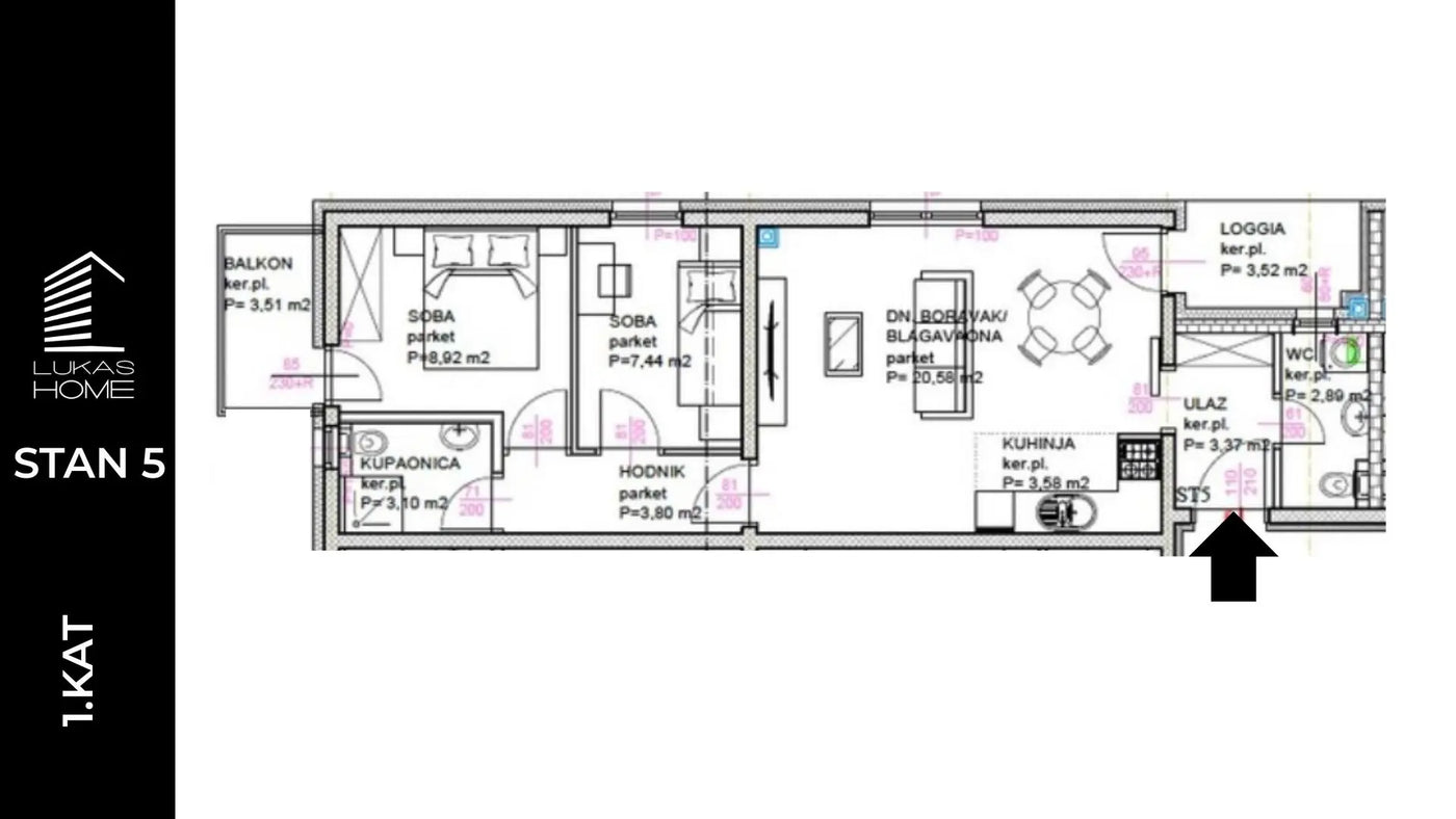 STAN ID5 | 1. kat | 56,34 m² | Dvije spavaće sobe | Lođa