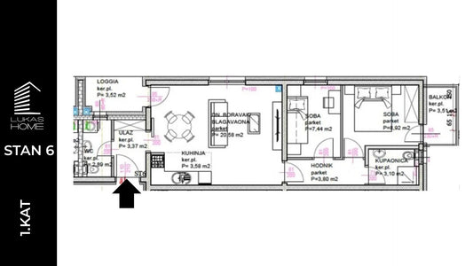 uksuzna 3D vizualizacija i render za STAN ID6 – Lukas Home novogradnja Popovec (Vugrovečka 5). Prikaz modernog trosobnog stana na 1. katu, ukupne prodajne površine 59,34 m² s dvije spavaće sobe, kupaonicom, WC-om i dvije lođe.