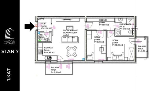 Alt text: Luksuzna 3D vizualizacija i render za STAN ID7 – Lukas Home novogradnja Popovec (Vugrovečka 5). Prikaz modernog trosobnog stana na 1. katu, ukupne površine 60,40 m² s dvije spavaće sobe, kupaonicom, WC-om, lođom i balkonom.