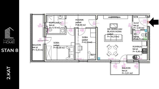 Luksuzna 3D vizualizacija i render za STAN ID8 – Lukas Home novogradnja Popovec (Vugrovečka 5). Prikaz modernog trosobnog stana na 2. katu, ukupne površine 60,38 m² s dvije spavaće sobe, kupaonicom, WC-om i dva balkona.