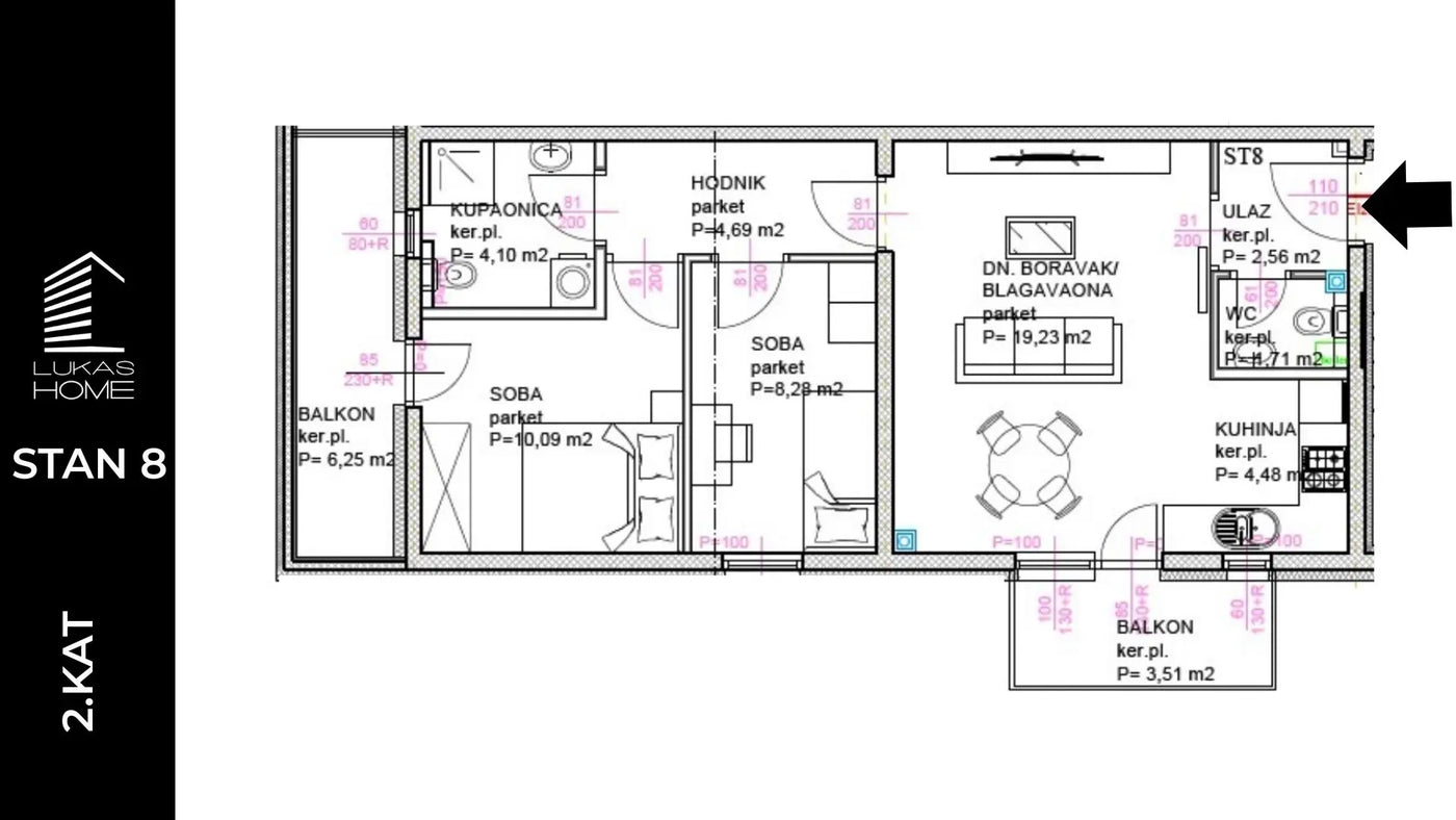 STAN ID8 | 2. kat | 60,38 m² | Dvije spavaće sobe | Dva Balkona
