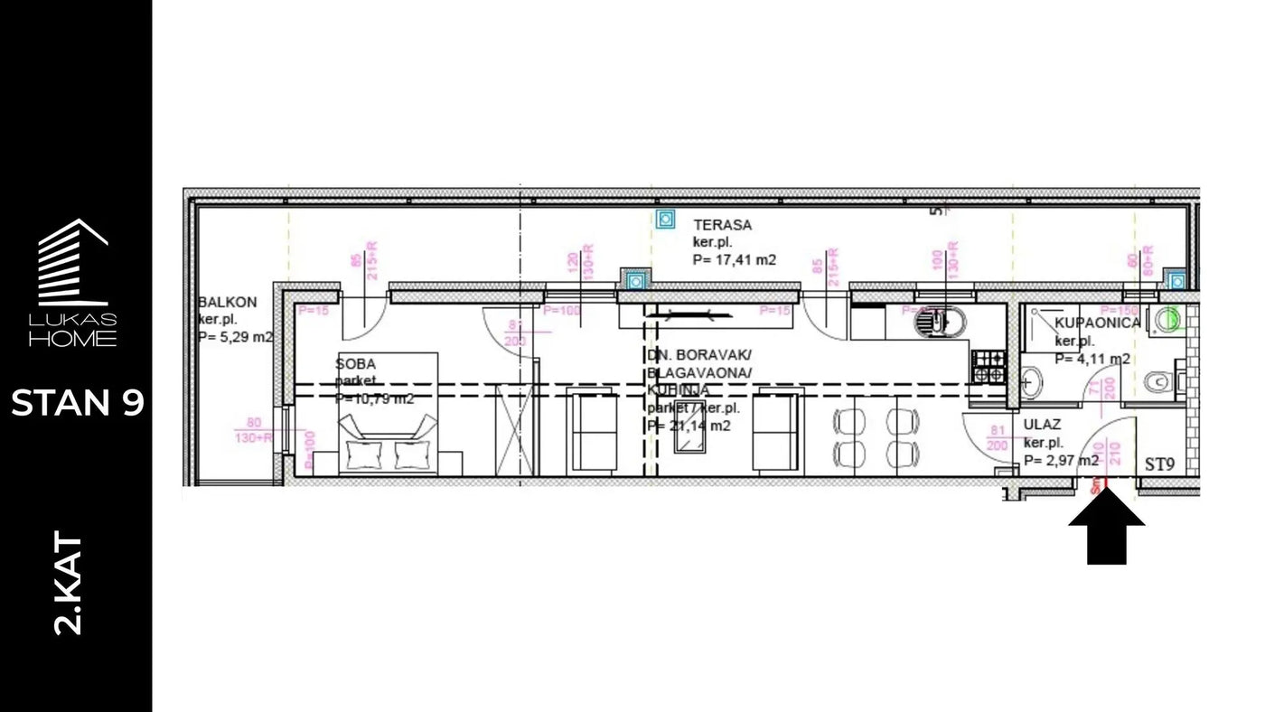 STAN ID9 | 2. kat | 46,04 m² | Jedna spavaća soba | Balkon i Terasa